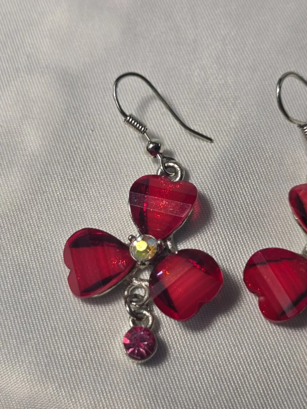 Red Floral Silver Tone Dangle Earrings with a Pink Dangle Charm French Wire